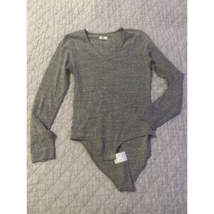 Madewell V Neck Full Coverage Bodysuit In Heather Smoke Women's L Snatching Snap